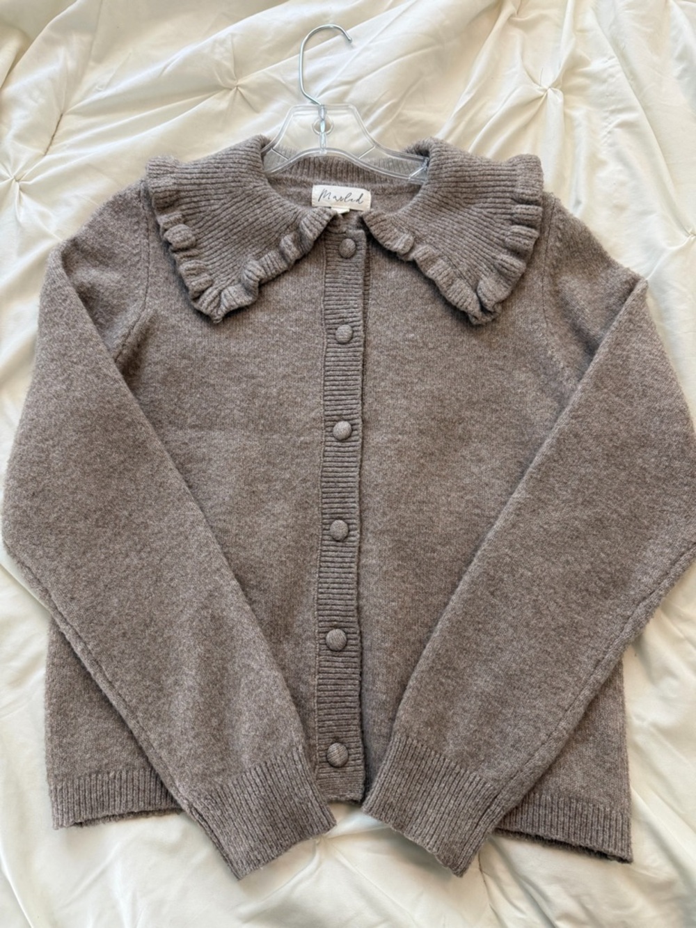 Marled Ruffle-Collar Button-Front Cardigan - XS, Taupe - NWOT
